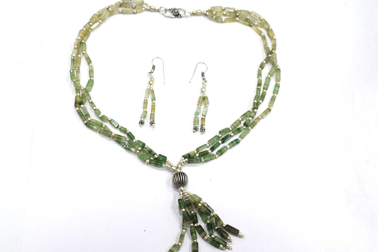Natural Green Aventurine Multi Strand Necklace Set with Dangle Earrings, Handmade Layered Gemstone, 32852