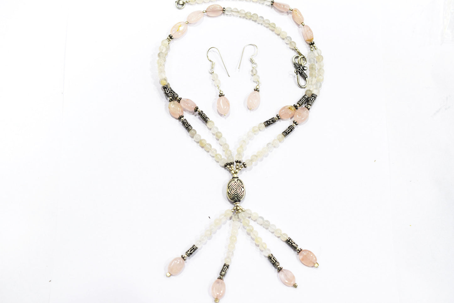 Natural Rose Quartz Beaded Statement Necklace with Matching Dangle Earrings, Perfect Gift Set For Her, 32873