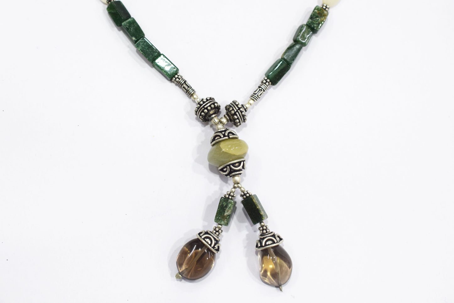 Green Aventurine Smoky Quartz Lariat Necklace, White Agate Beaded Y-Necklace, Earthy Boho Gemstone Drop Necklace, Crystal, 32876