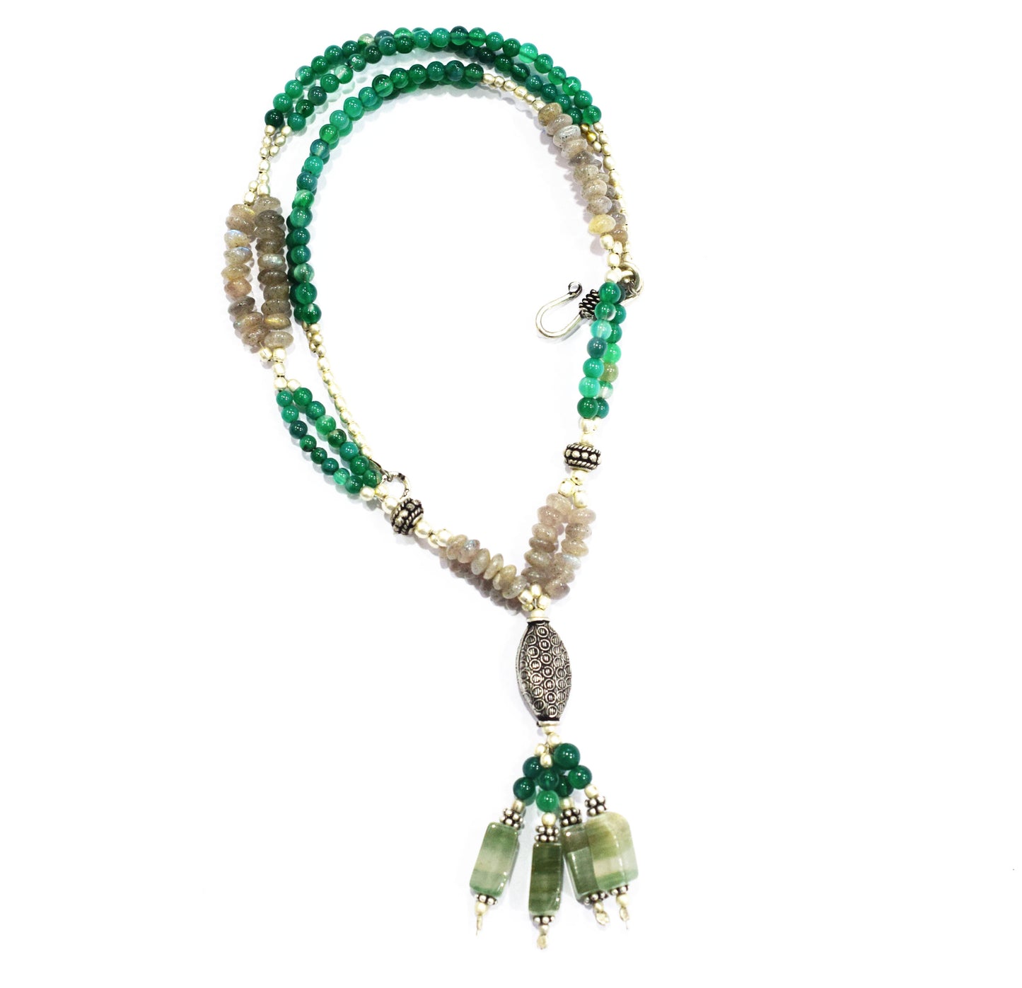 Labradorite Green Aventurine Tassel Necklace Set, Beaded Gemstone Y-Necklace and Dangle Earrings, 32883