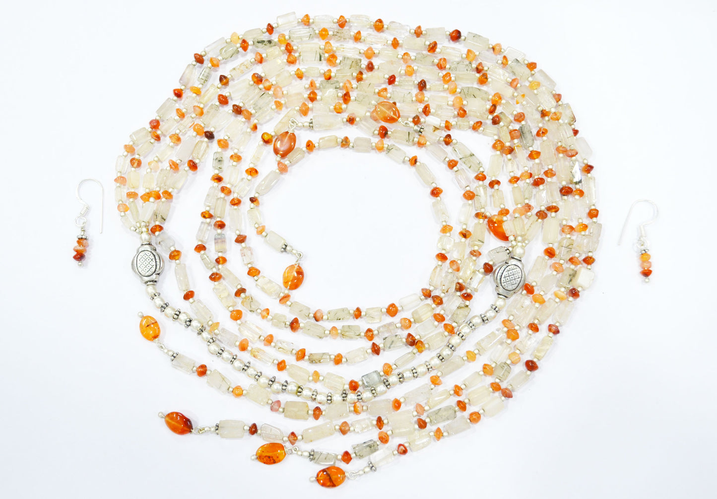 Natural Green Rutile Quartz & Carnelian Multi-Strand Necklace and Earrings Set – Open-Ended Layering Statement Jewelry,32888
