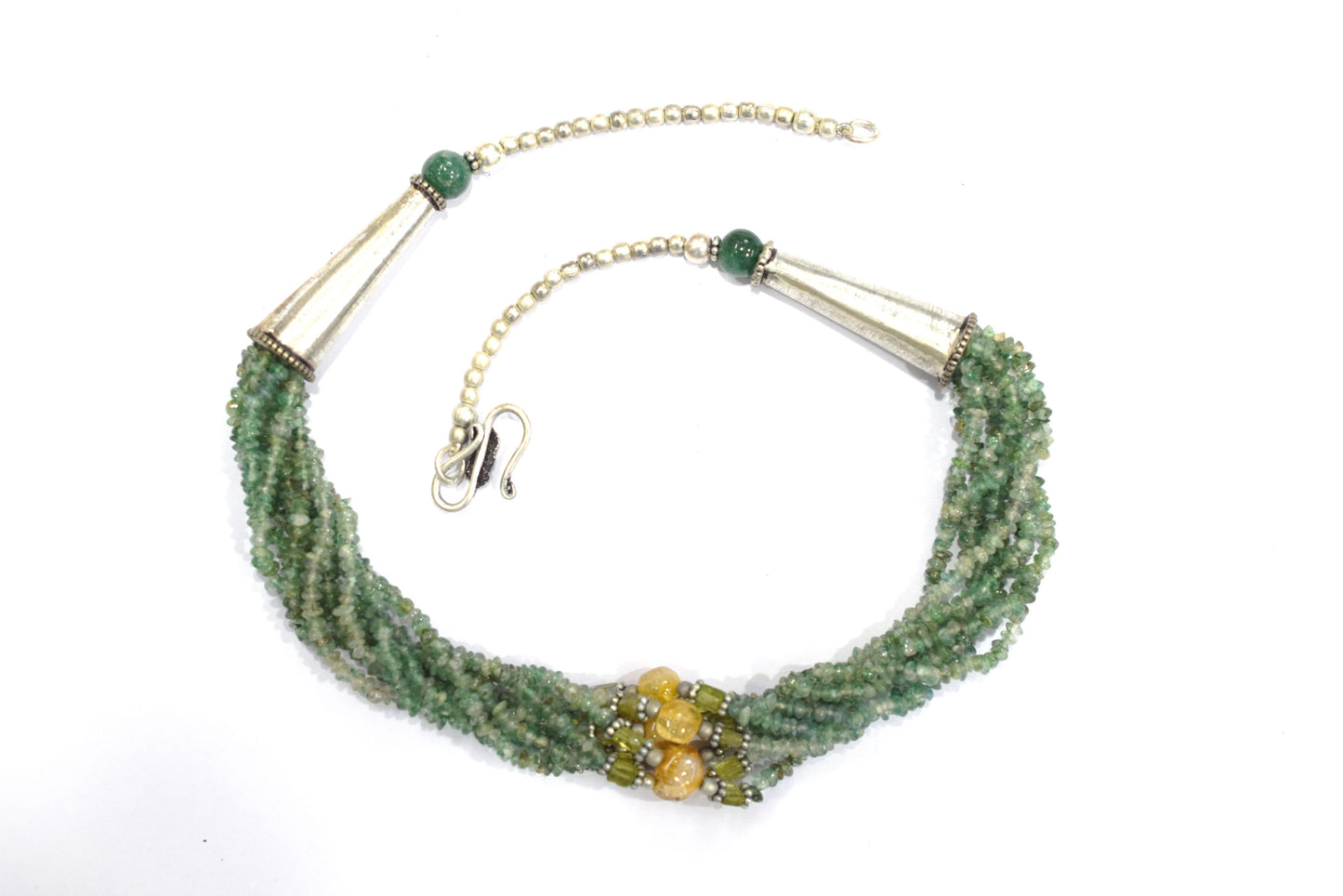 Multi-Strand Green Aventurine and Citrine Gemstone Statement Necklace – Handcrafted Crystal Bib Necklace with Sterling Silver Accents, 32892