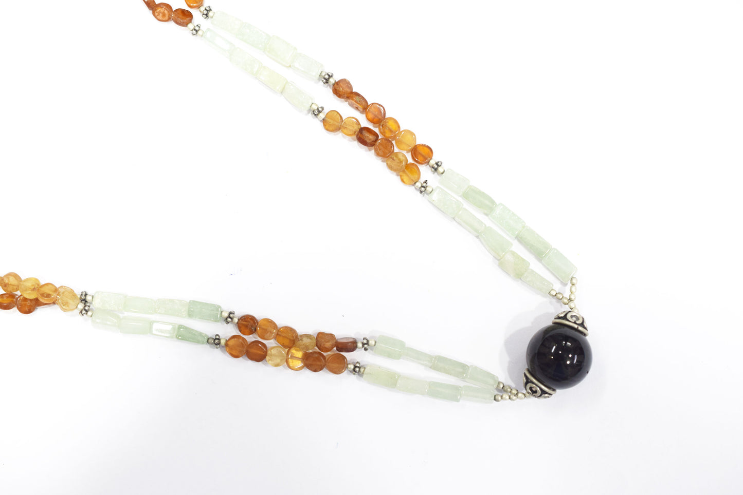 Green Aventurine and Garnet Double-Strand Necklace with Black Onyx Focal Bead,32893