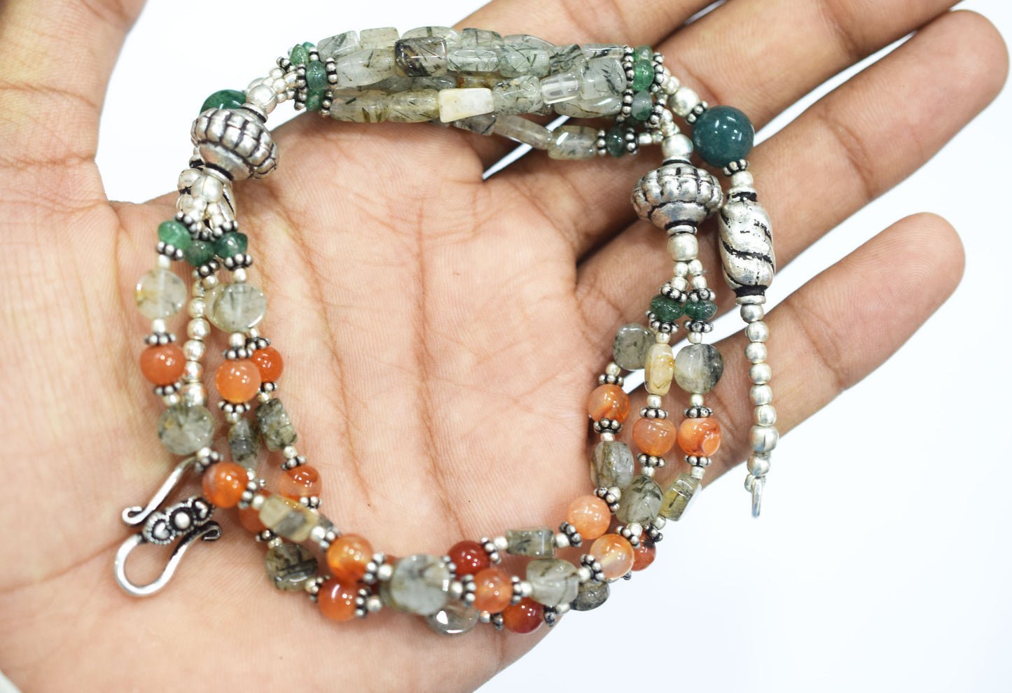 Multi-Strand Carnelian and Rutilated Quartz Necklace – Green Aventurine Accent Beaded Statement Jewelry,32895