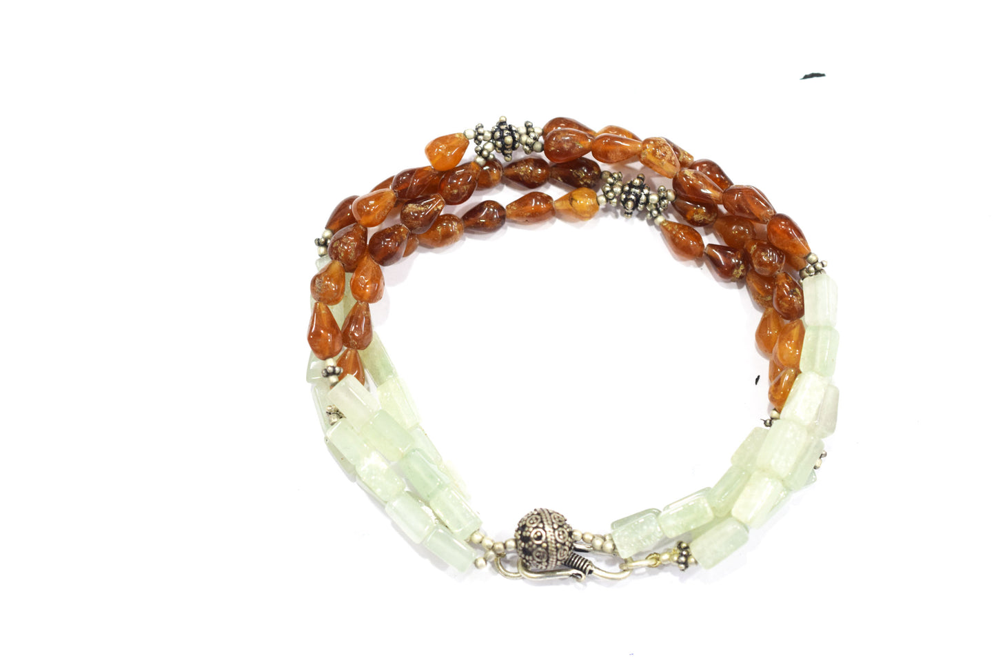 Double-Strand Hessonite Garnet and Green Aventurine Necklace – Handcrafted Crystal Statement Choker with Silver Focal Bead,32898