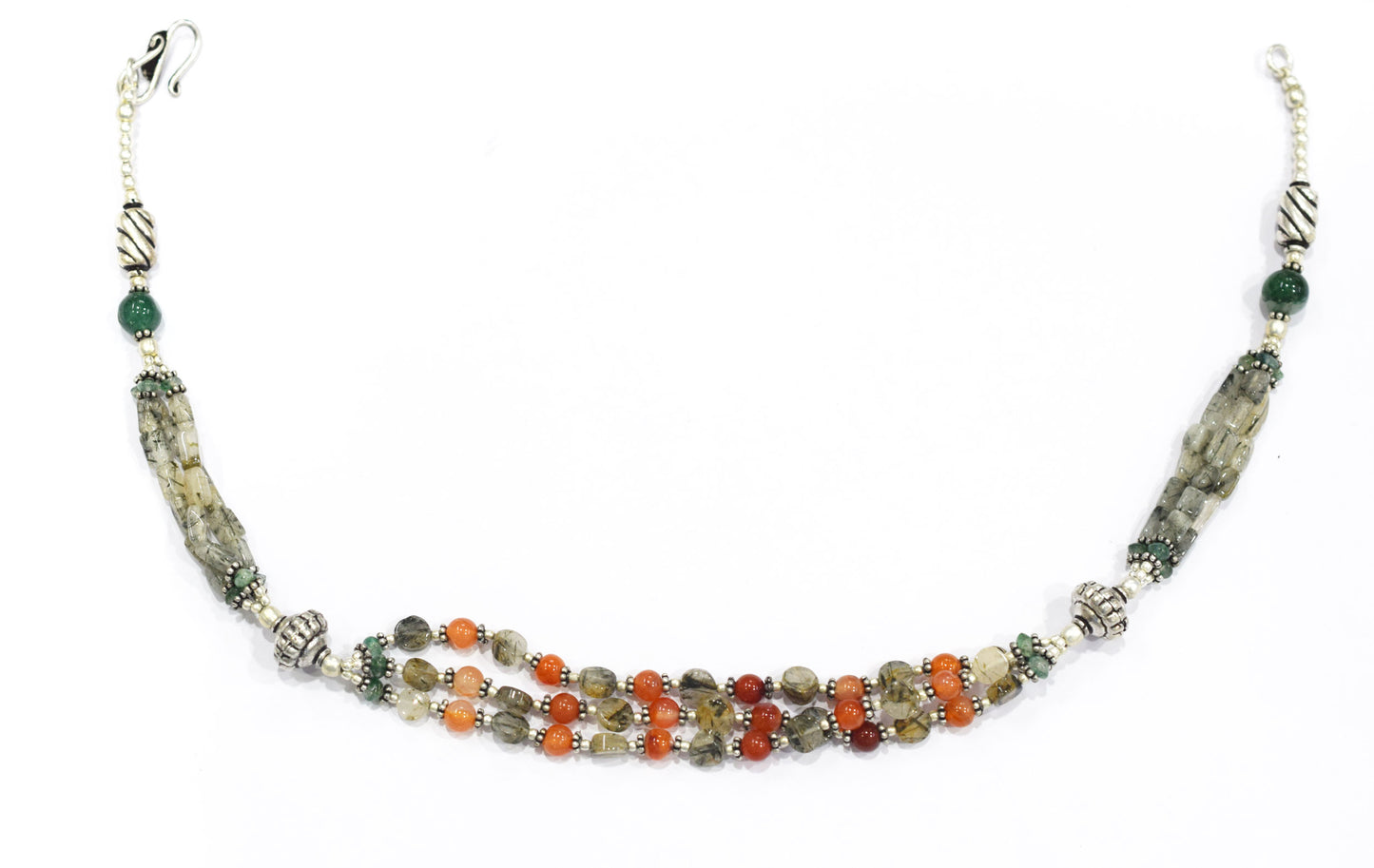 Multi-Strand Carnelian and Rutilated Quartz Necklace – Green Aventurine Accent Beaded Statement Jewelry,32899