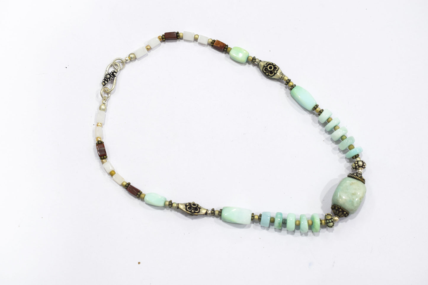 Natural Blue Opal, White Agate, and Jasper Beaded Statement Necklace and Earrings Jewelry Set,32917