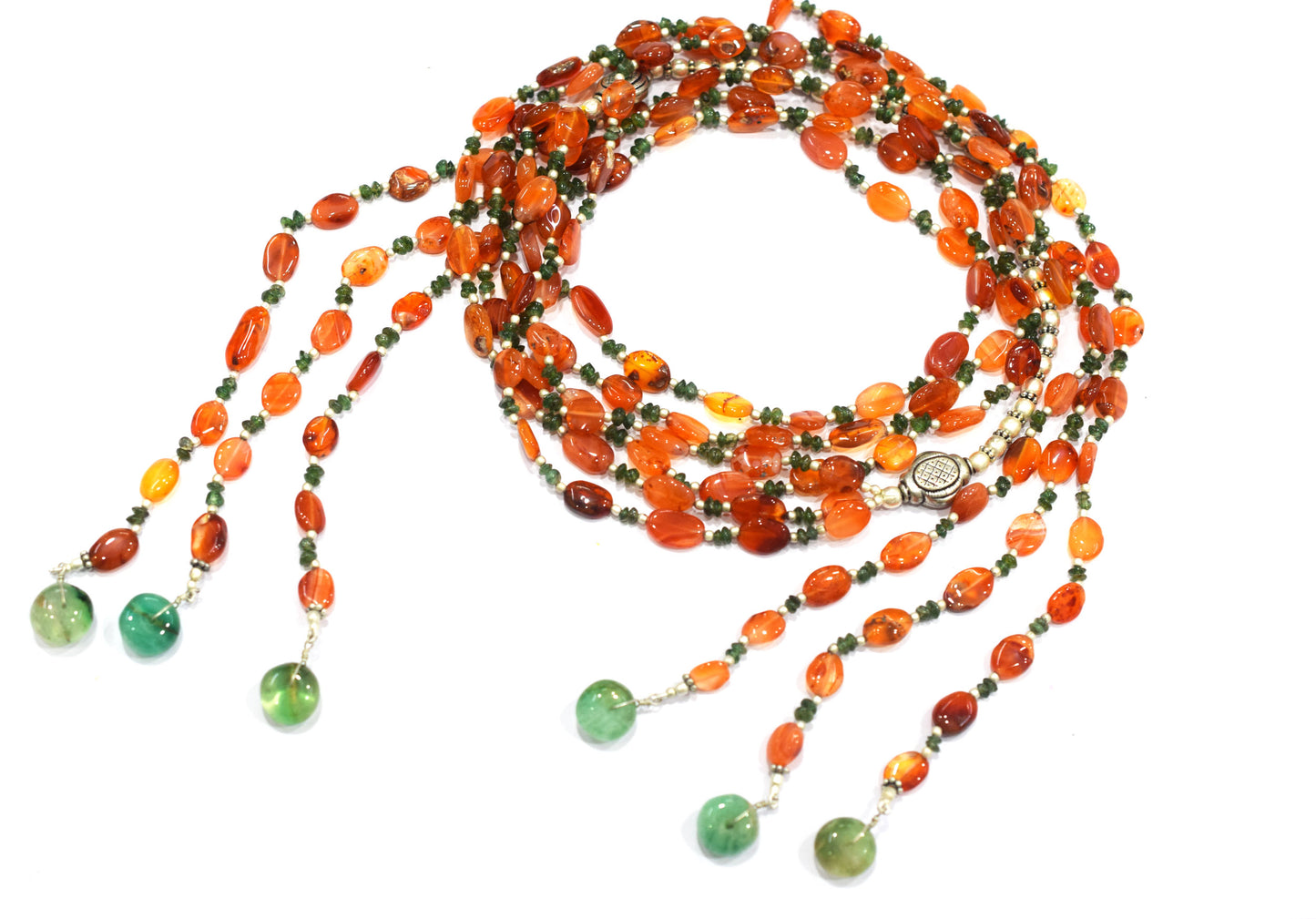 Natural Carnelian, Green Aventurine & Green Quartz Multi-Strand Necklace & Earrings Set – Open-Ended Beaded Layering Jewelry, 32921