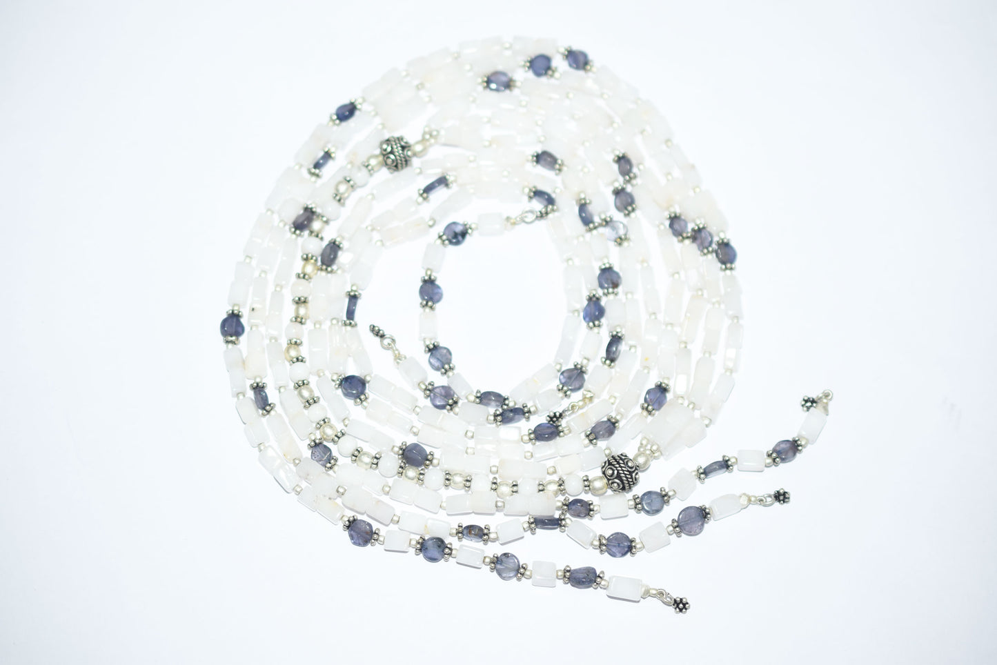 Natural White Agate & Iolite Multi-Strand Necklace & Earrings Set – Open-Ended Beaded Layering Statement Jewelry, 32925