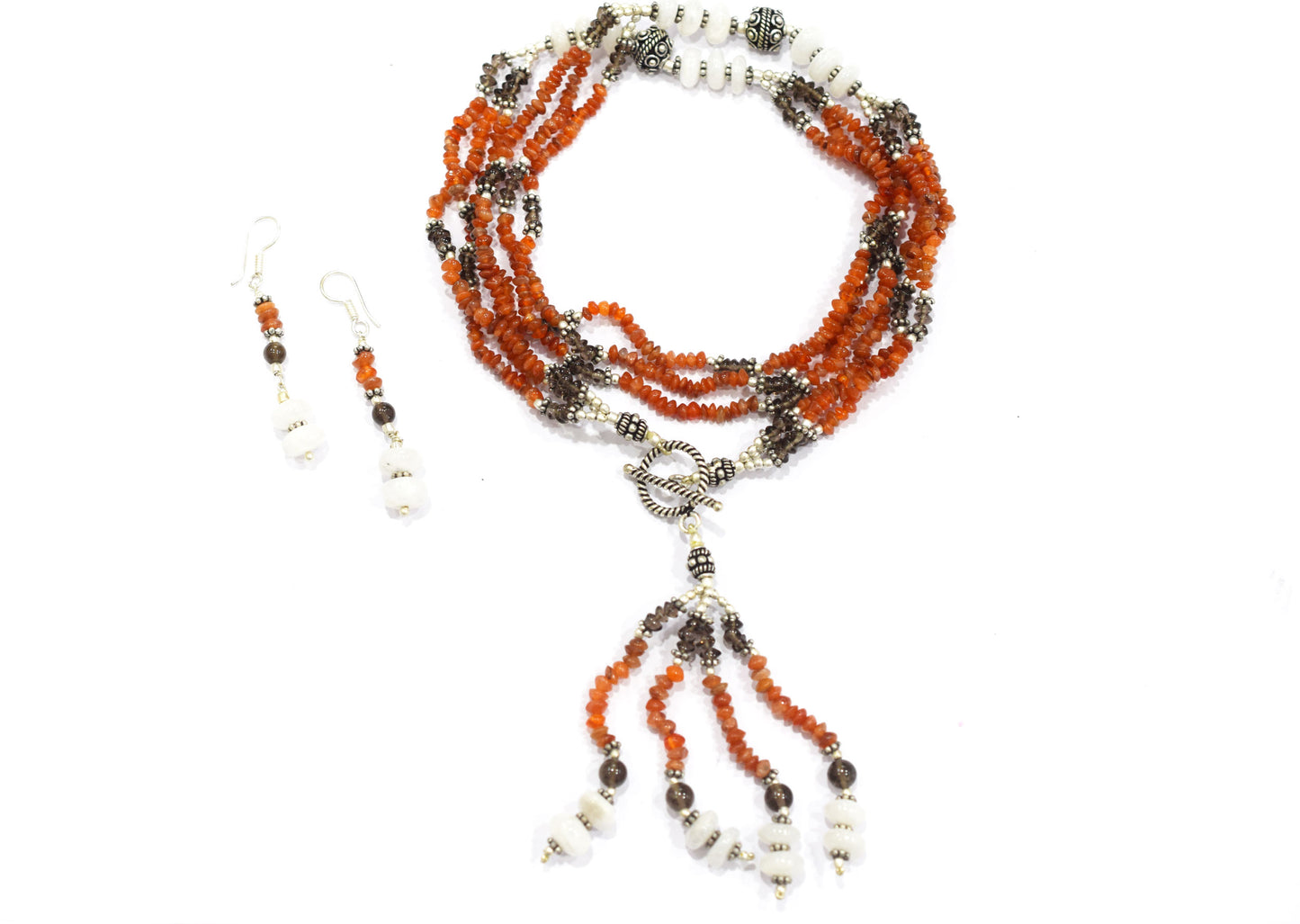 Natural Carnelian, White Agate & Smoky Quartz Multi-Strand Tassel Necklace & Earrings Set – Beaded Bohemian Toggle Clasp Jewelry, 32927