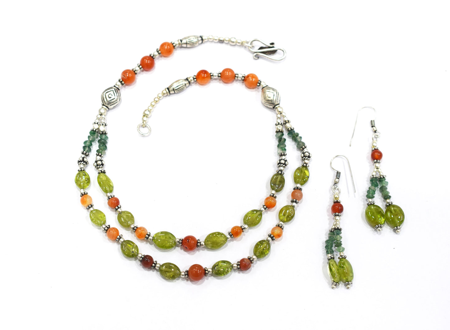 Natural Carnelian, Peridot & Green Aventurine 2-Strand Gemstone Necklace and Earrings Set,32933