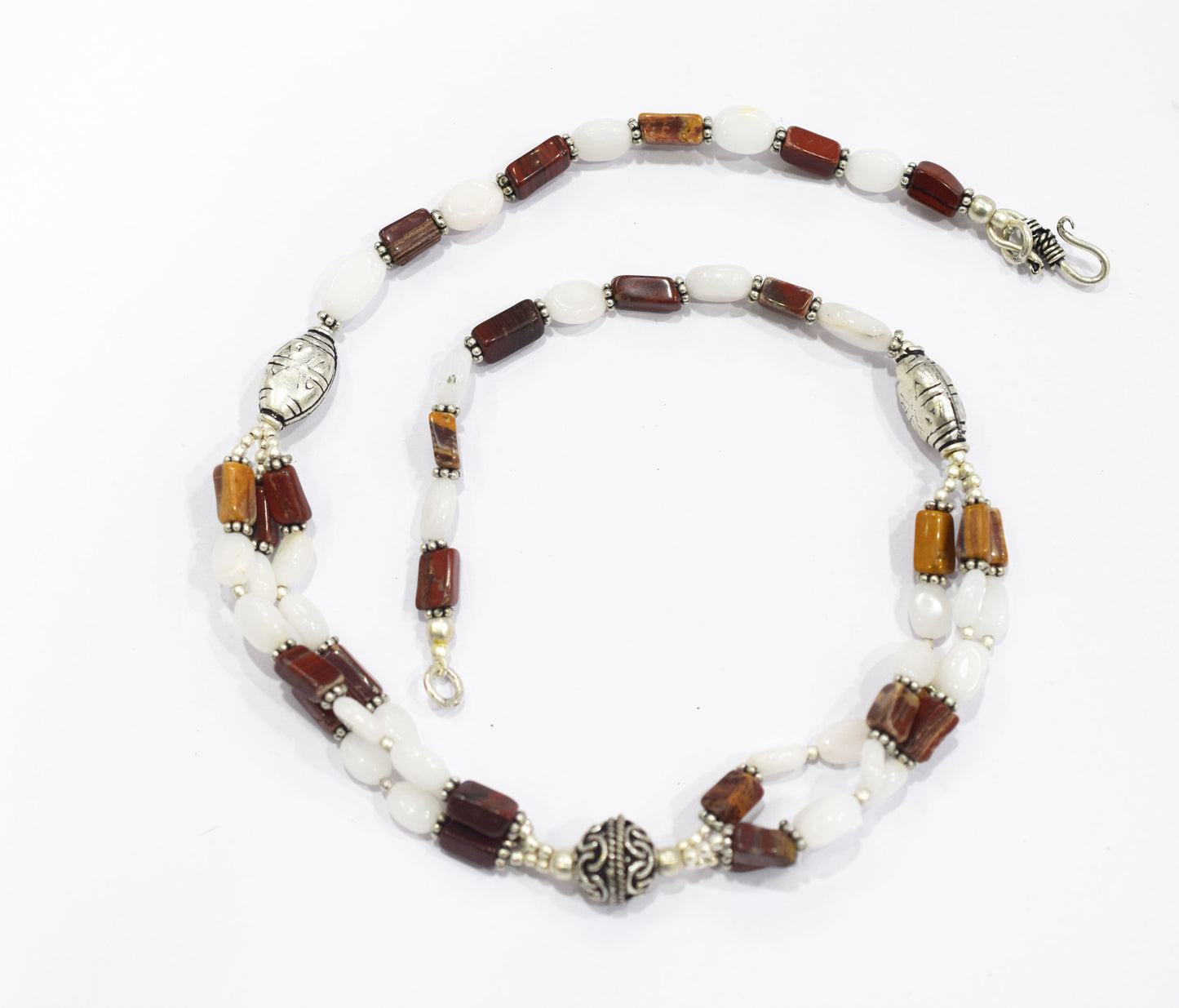 Natural Red Agate & White Agate 2-Strand Cascading Gemstone Necklace and Earrings Set,32936