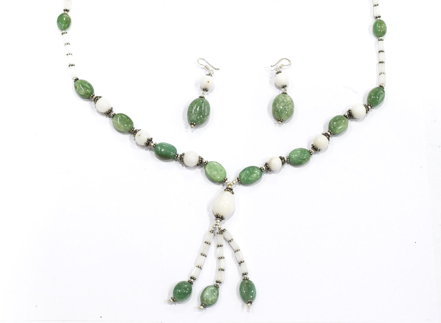 Natural Green Aventurine and White Agate Necklace Set - Multi-Strand Statement Choker with Drop Earrings - Handmade Boho Tribal Beaded Jewelry Gift for Her,32958