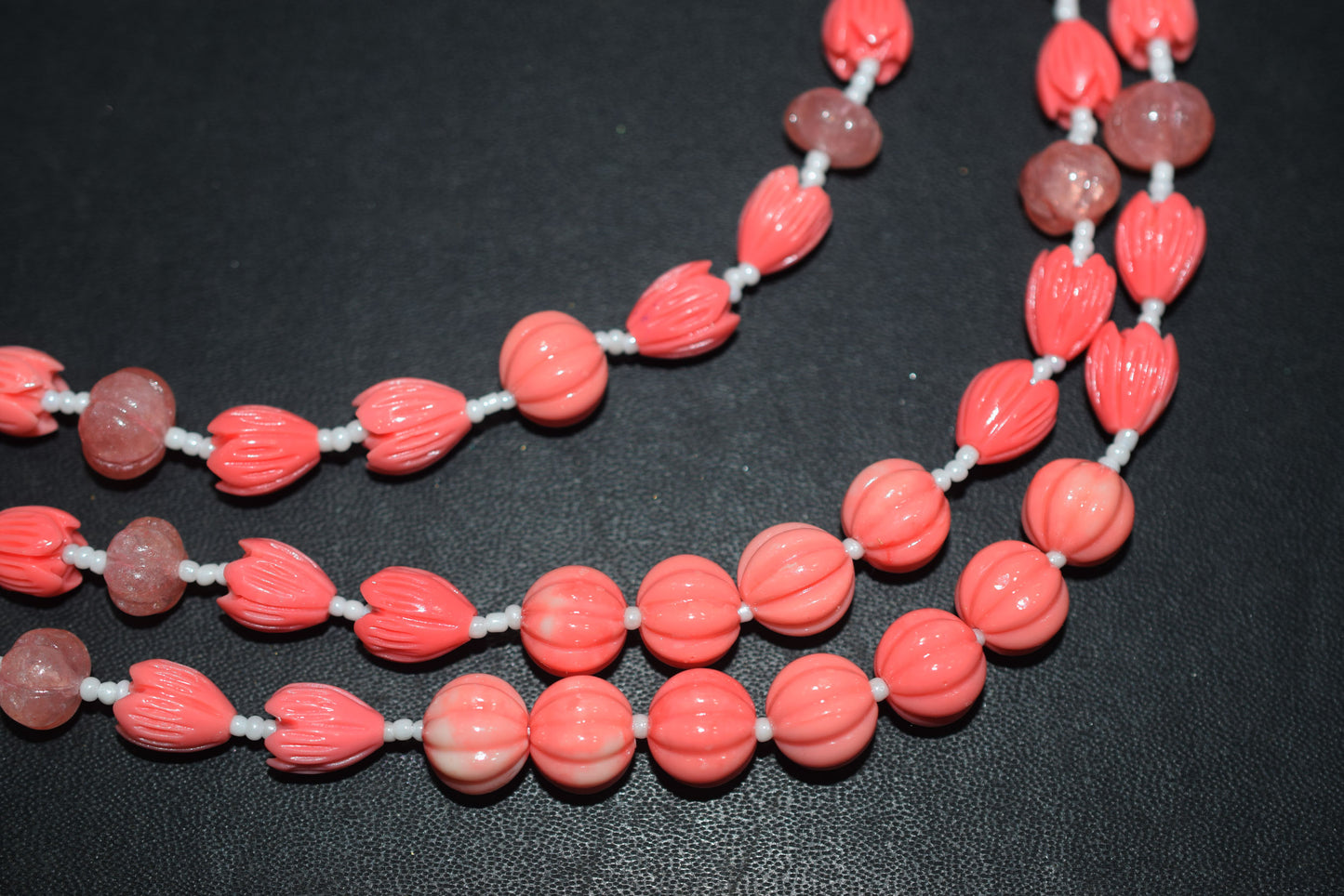 Rose Coloured Quartz,Pumpkin and Tulip Ceramic coral and Synthetic Pearl Necklace , 6.50 x10mm, 16 to 19 inches, 33JJE074