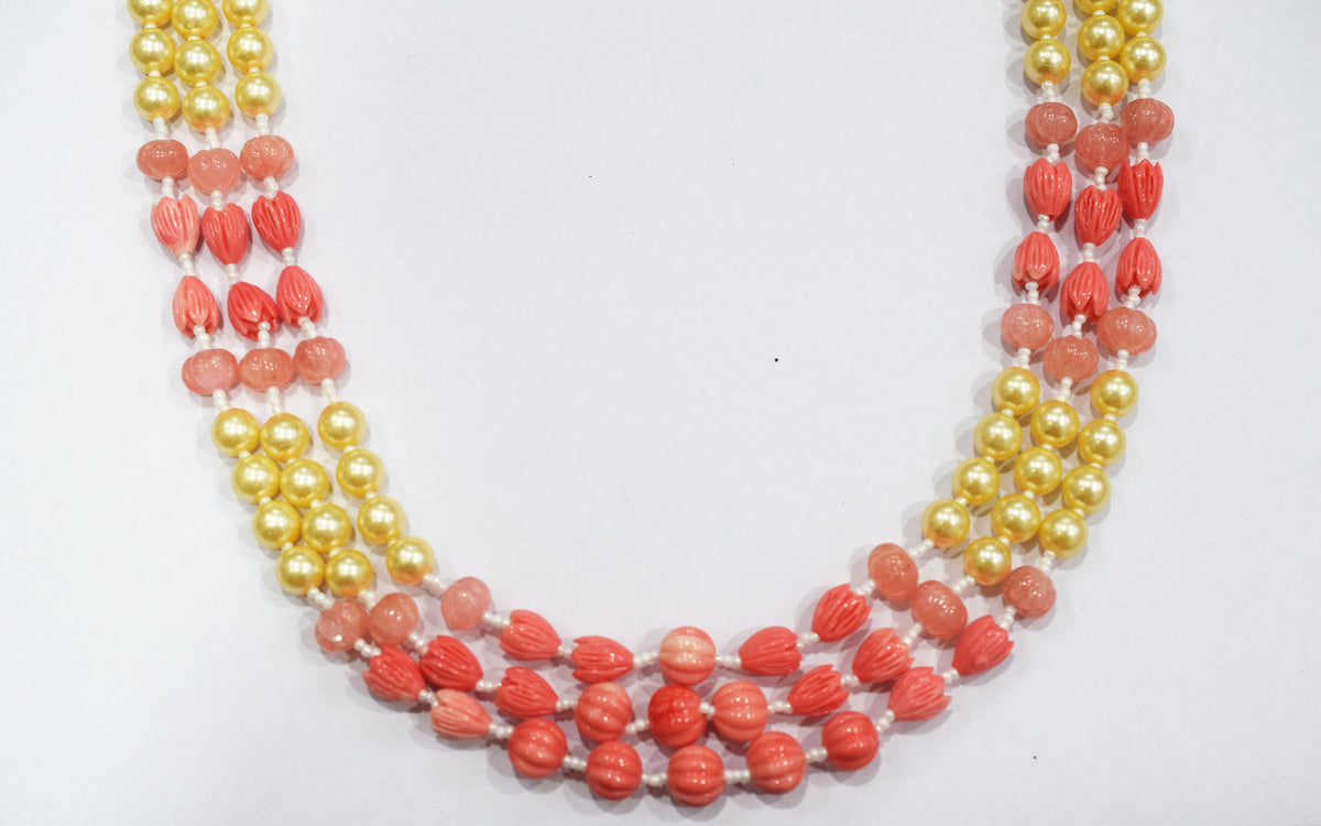 Rose Coloured Quartz,Pumpkin and Tulip Ceramic coral and Synthetic Pearl,8.50 x10mm, 15 to 18 inches, 33JJE075