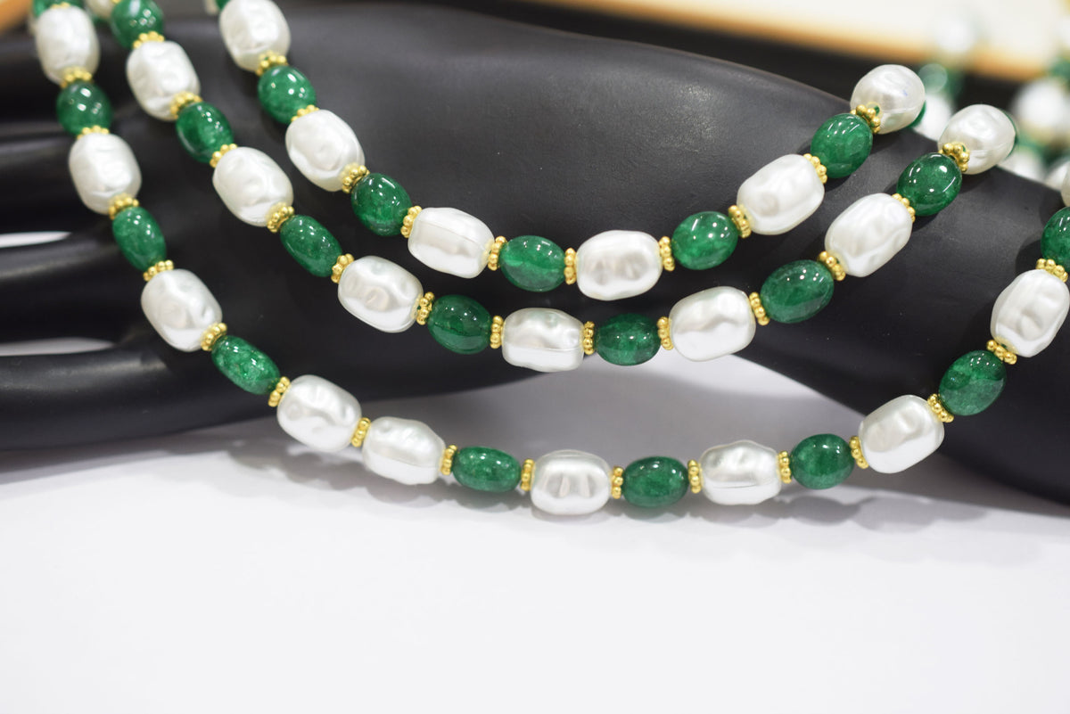 Dyed Green Quartz And Synthetic Pearl Smooth Nuggets Necklace Of 3 Strands, 7x8mm - 8.50x11 mm, 16 to 20inches, 33080