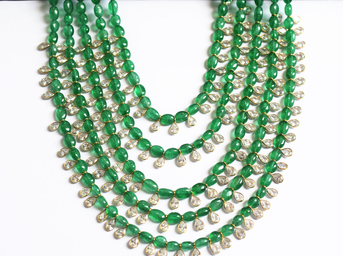 Necklace Of Necklace of 5 strands Green Coloured Quartz Oval Shape Beads with Cz Pear ,7x8mm - 7x11 mm, 15 to 22inches, 33087