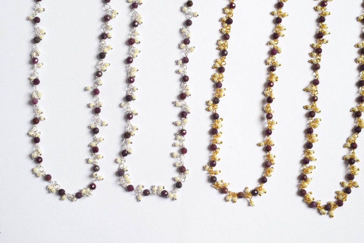 Natural Ruby Faceted Rondelle and Pearl Hydro Beads Dangling Style Beaded Chain, Sold by Foot, 3 - 3.5 mm, 34070