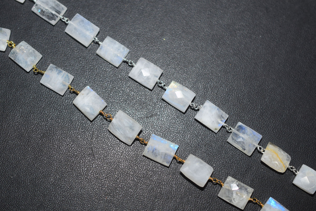 Rainbow Moonstone Chicklet Faceted Rosary Beaded Chain, Sold By Foot, 8x10 - 9x11 mm, 34072