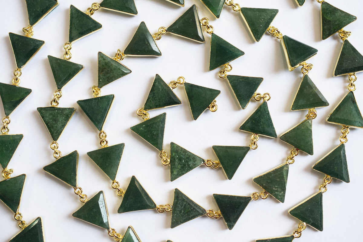 Natural Green Strawberry Quartz 13-14mm Triangle Shape Bezel Link Connector Chain, Sold By foot, 34097