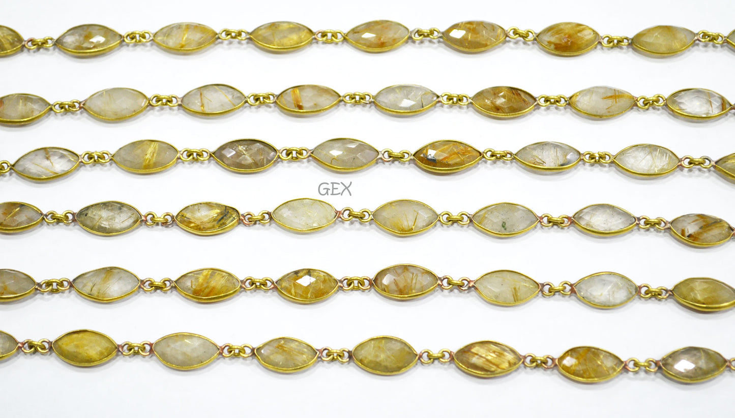 Golden Rutile Faceted Marquise Shape Connector Chain , Golden Rutile Marquise Shape Bezel Link Chain , 8x15 mm , RB-5936