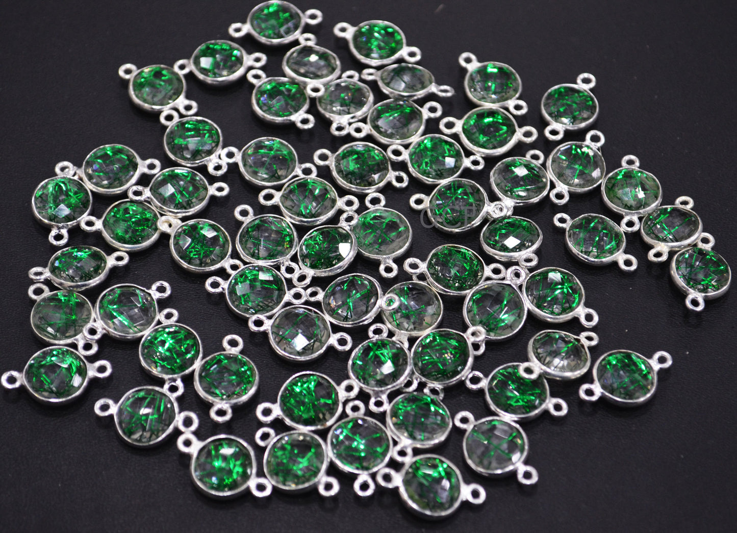 Green Rutile Faceted Coin Shape Double Bail Connector , Green Rutile Doublet Hydro Glass Connector , Sold By Piece , 12 mm , RB-6747