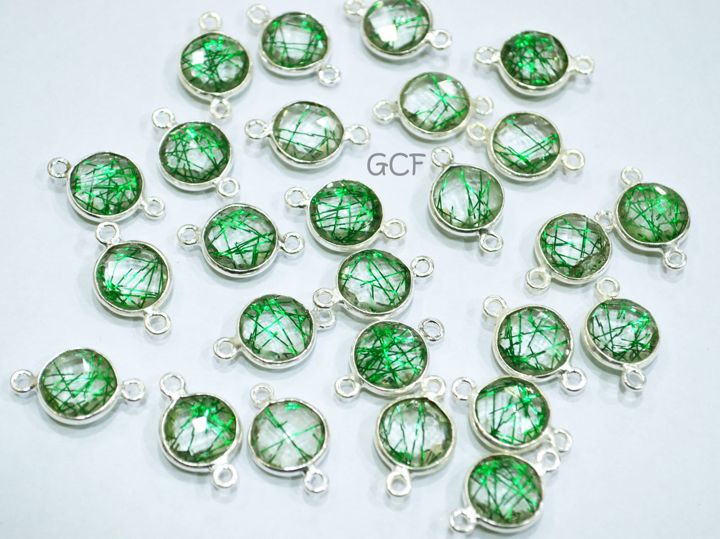 Green Rutile Faceted Coin Shape Double Bail Connector , Green Rutile Doublet Hydro Glass Connector , Sold By Piece , 12 mm , RB-6747