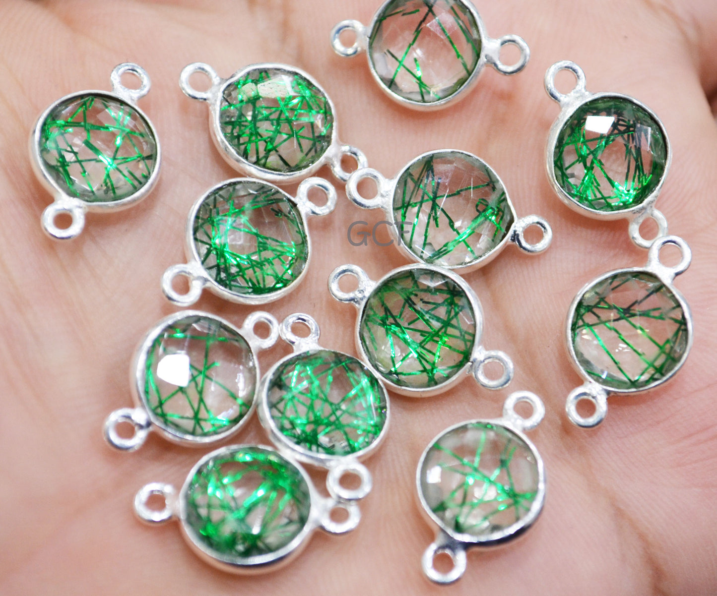 Green Rutile Faceted Coin Shape Double Bail Connector , Green Rutile Doublet Hydro Glass Connector , Sold By Piece , 12 mm , RB-6747