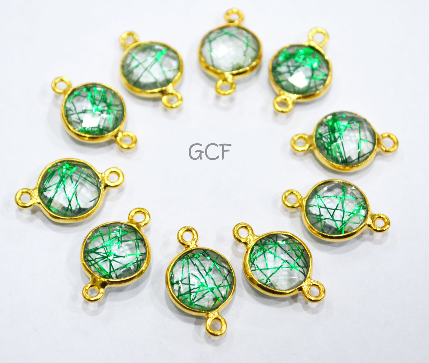 Green Rutile Faceted Coin Shape Double Bail Connector , Green Rutile Doublet Hydro Glass Connector , Sold By Piece , 12 mm , RB-6747