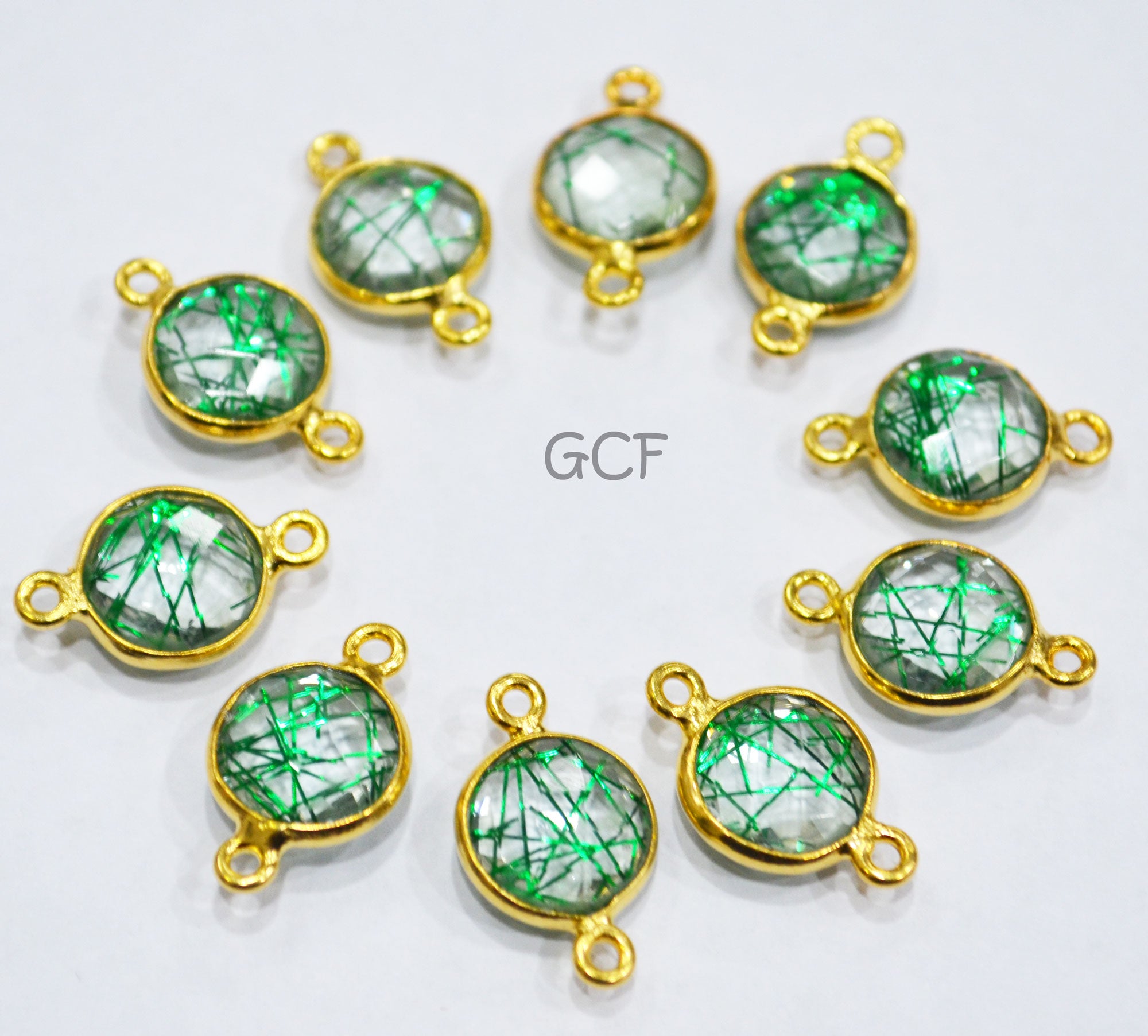 Green Rutile Faceted Coin Shape Double Bail Connector , Green Rutile Doublet Hydro Glass Connector , Sold By Piece , 12 mm , RB-6747