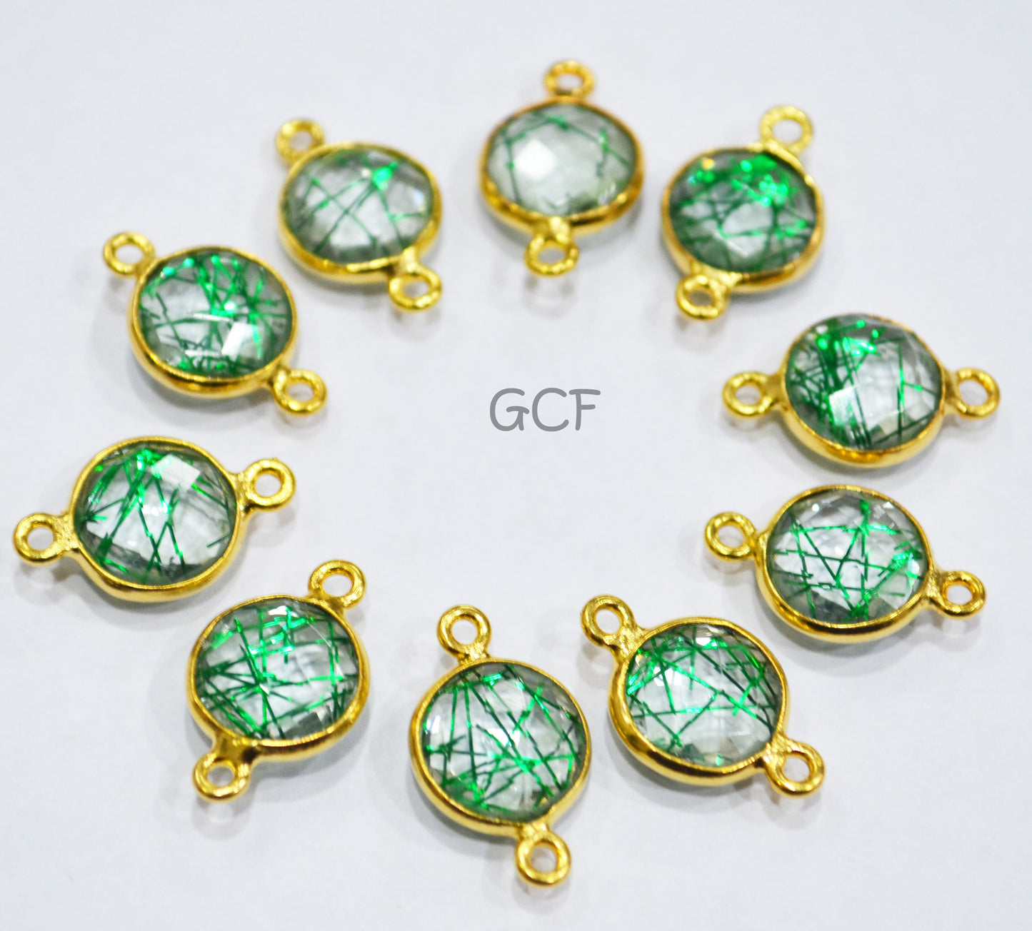 Green Rutile Faceted Coin Shape Double Bail Connector , Green Rutile Doublet Hydro Glass Connector , Sold By Piece , 12 mm , RB-6747
