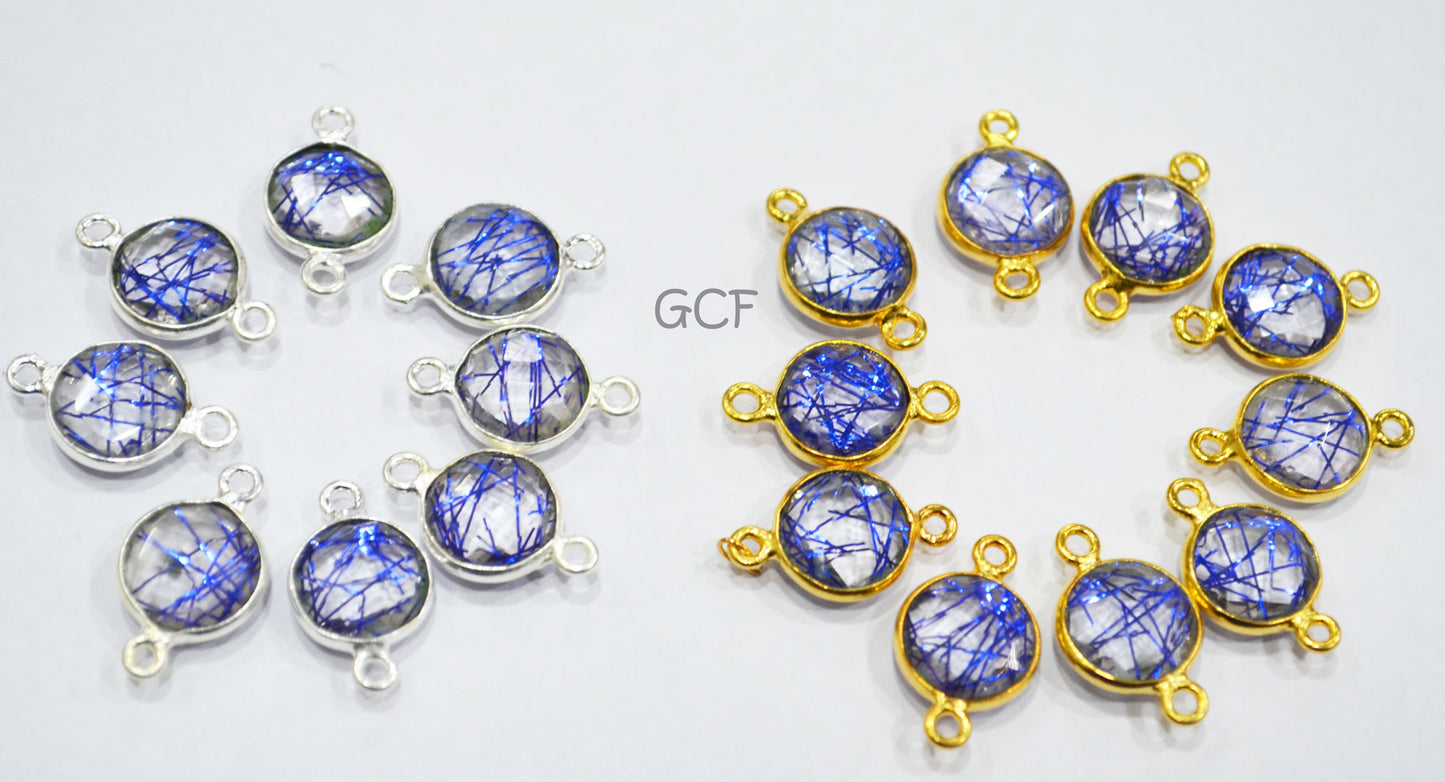 Blue Rutile Faceted Coin Shape Double Bail Connector , Blue Rutile Doublet Hydro Glass Connector , Sold By Piece , 12 mm , RB-6748