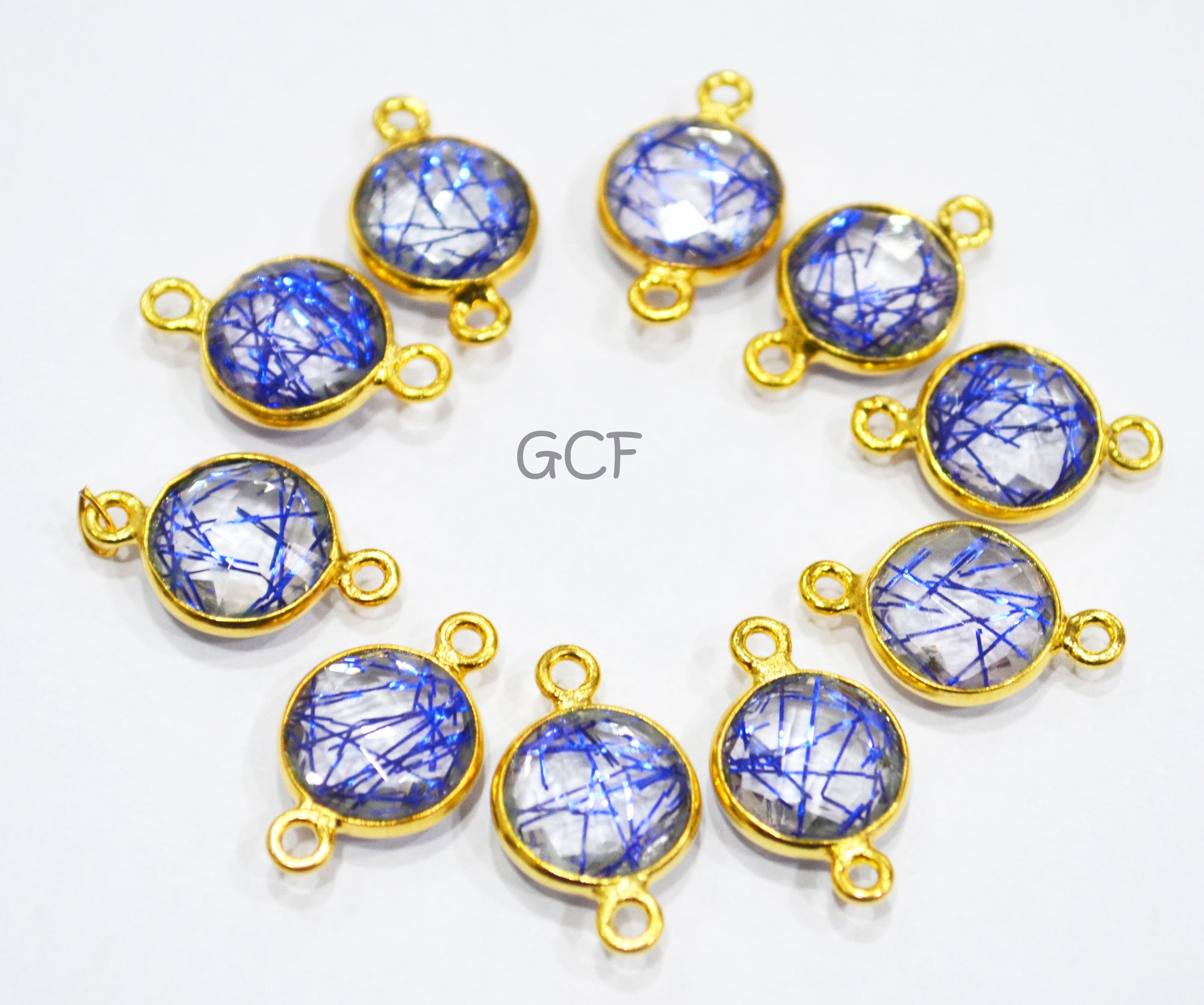 Blue Rutile Faceted Coin Shape Double Bail Connector , Blue Rutile Doublet Hydro Glass Connector , Sold By Piece , 12 mm , RB-6748