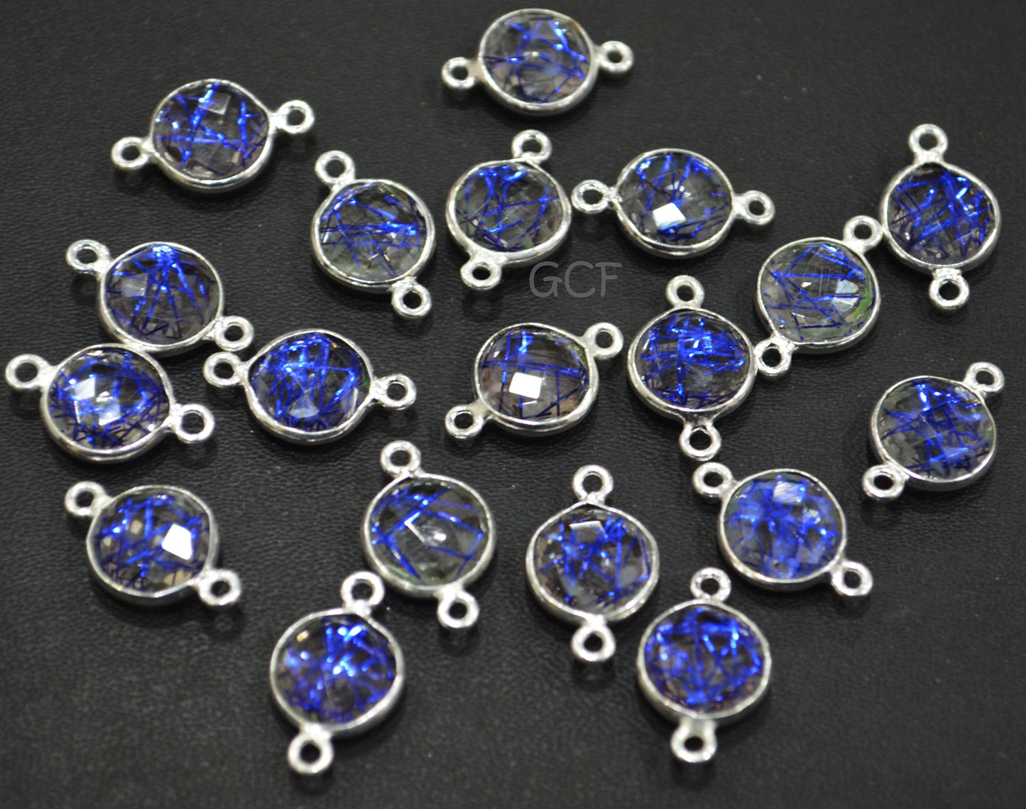Blue Rutile Faceted Coin Shape Double Bail Connector , Blue Rutile Doublet Hydro Glass Connector , Sold By Piece , 12 mm , RB-6748