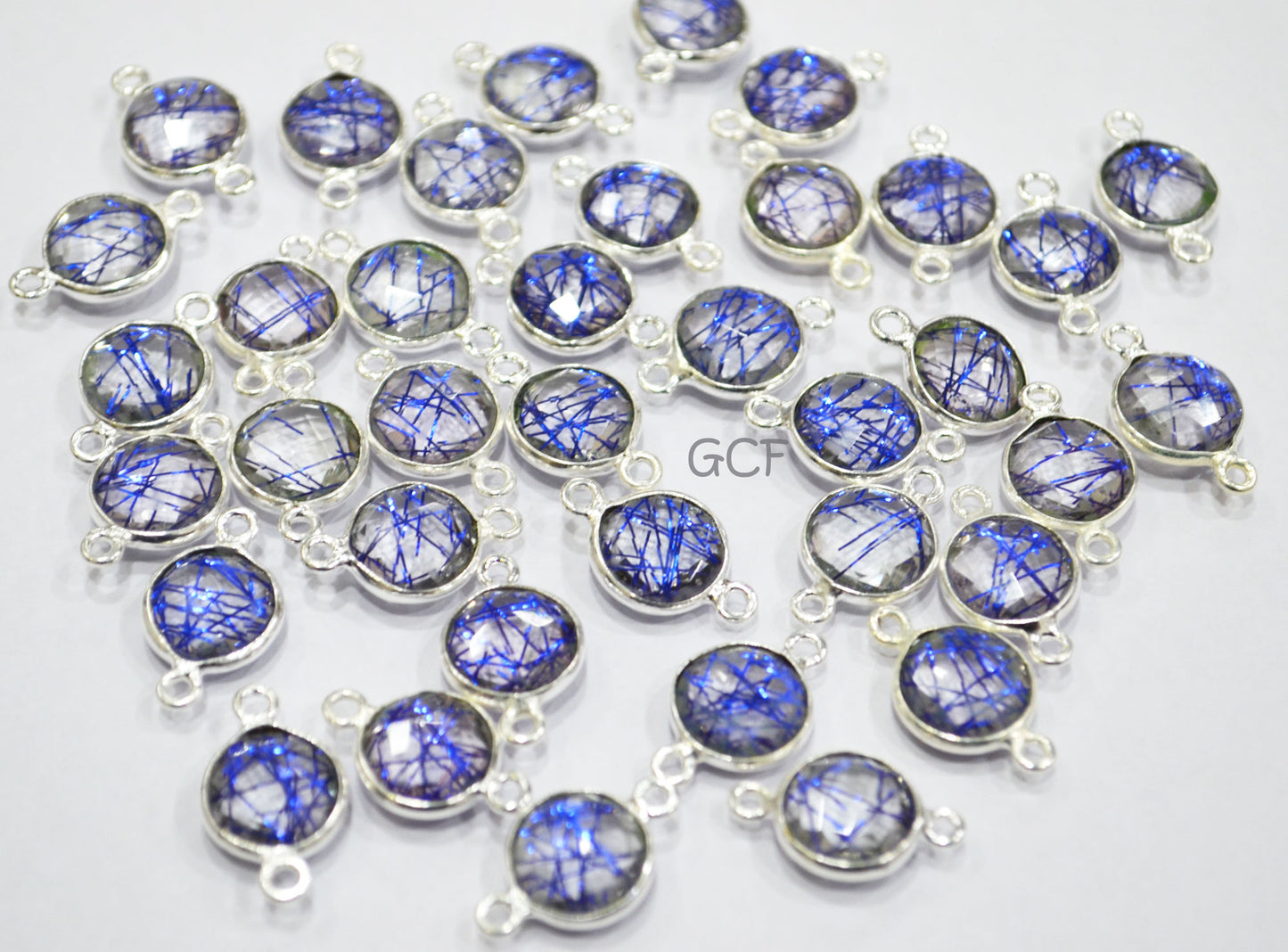 Blue Rutile Faceted Coin Shape Double Bail Connector , Blue Rutile Doublet Hydro Glass Connector , Sold By Piece , 12 mm , RB-6748