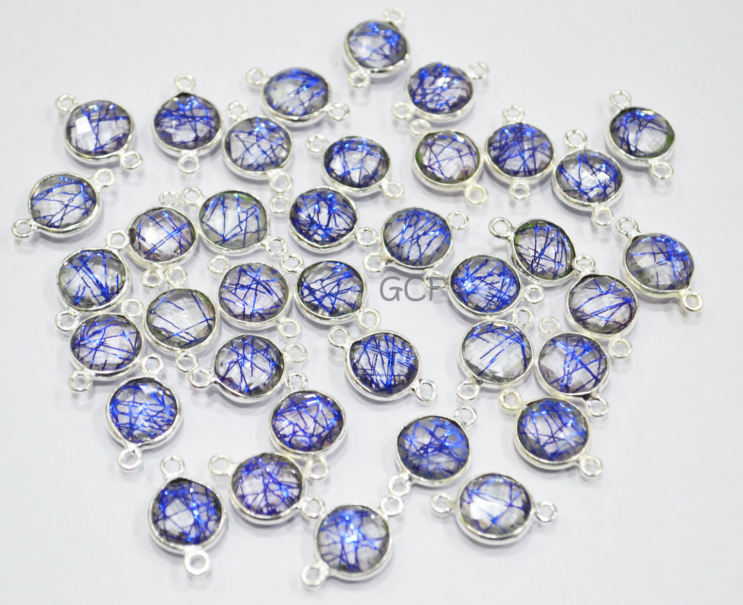 Blue Rutile Faceted Coin Shape Double Bail Connector , Blue Rutile Doublet Hydro Glass Connector , Sold By Piece , 12 mm , RB-6748