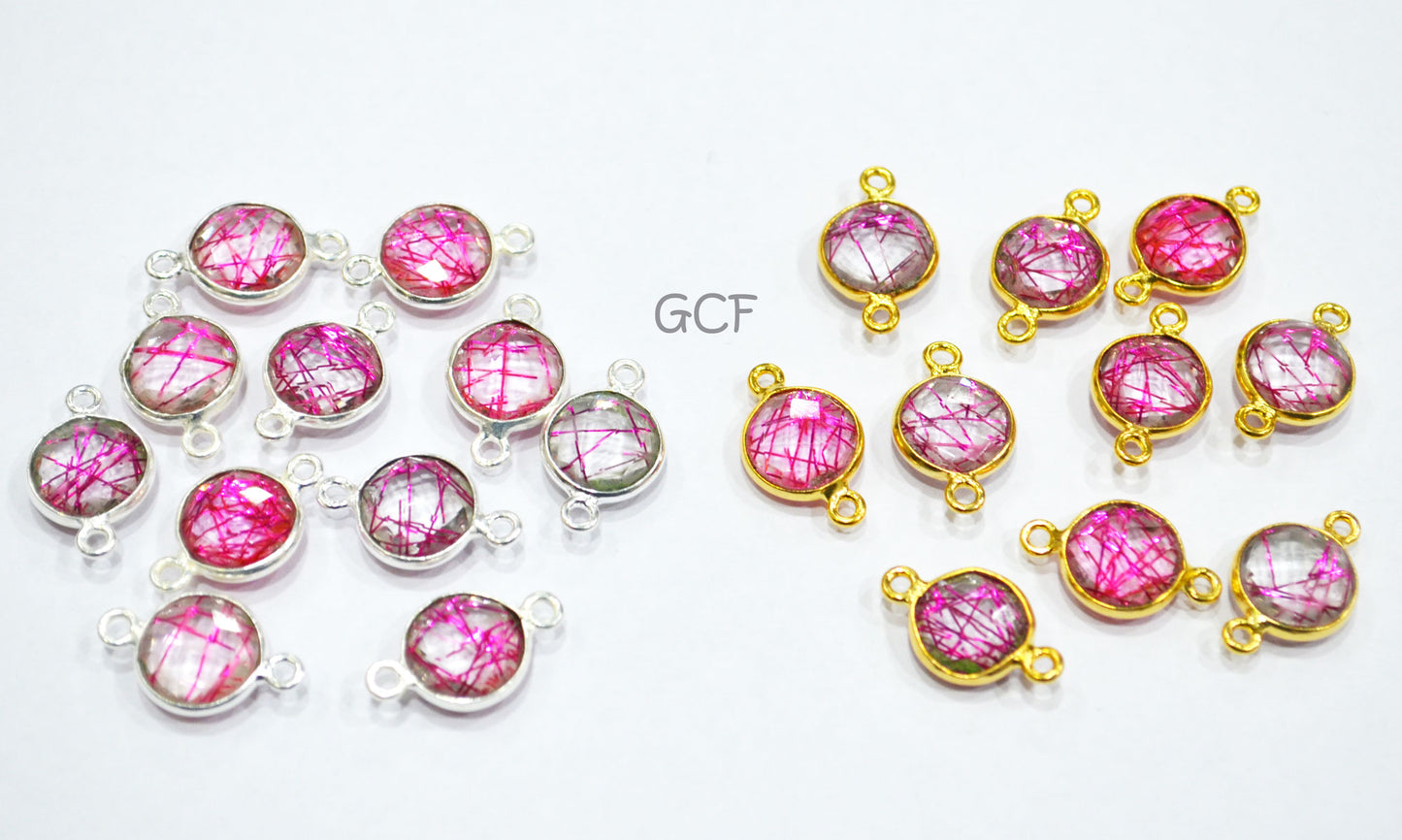 Pink Rutile Faceted Coin Shape Double Bail Connector , Pink Rutile Doublet Hydro Glass Connector , Sold By Piece , 12 mm , RB-6750
