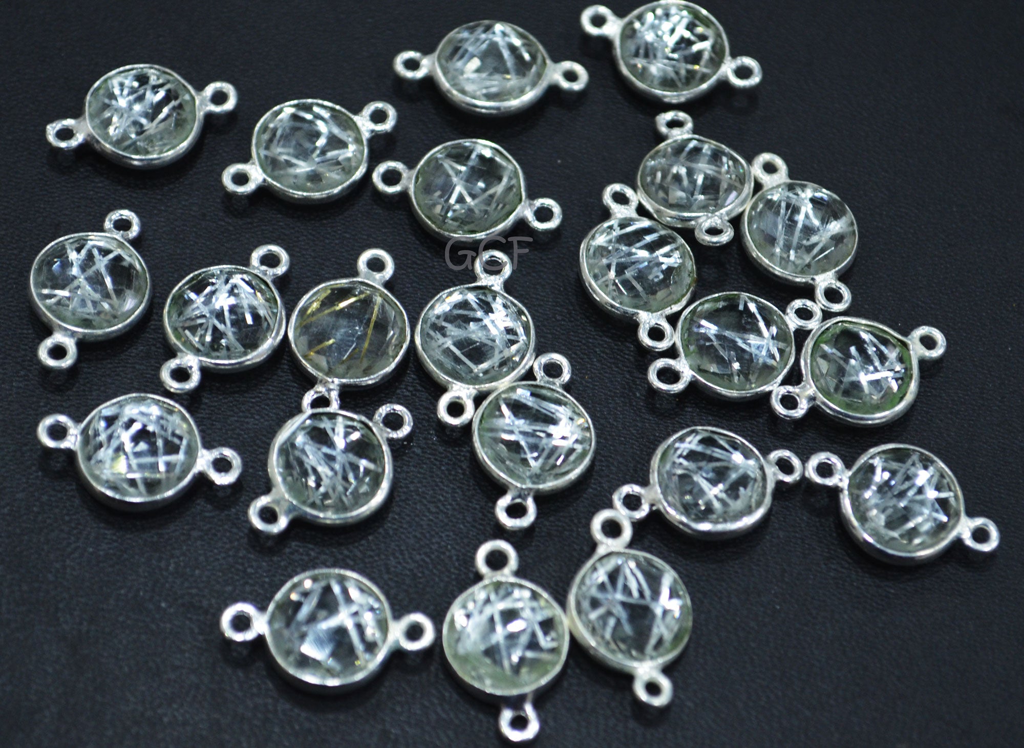 Silver Rutile Faceted Coin Shape Double Bail Connector , Silver Rutile Doublet Hydro Glass Connector , Sold By Piece , 12 mm , RB-6752
