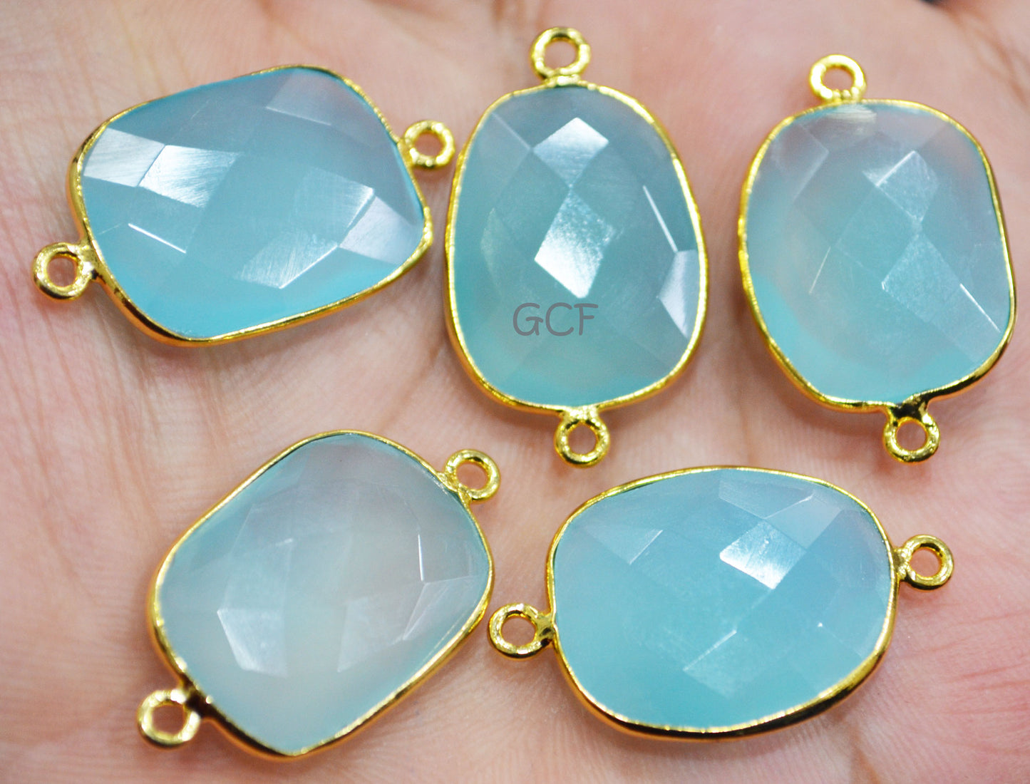 Aqua Chalcedony Faceted Slice Shape Double Bail Connector , Aqua Chalcedony Free Form Connector , Sold By Piece , 19x21 - 17x23 mm , RB-6755
