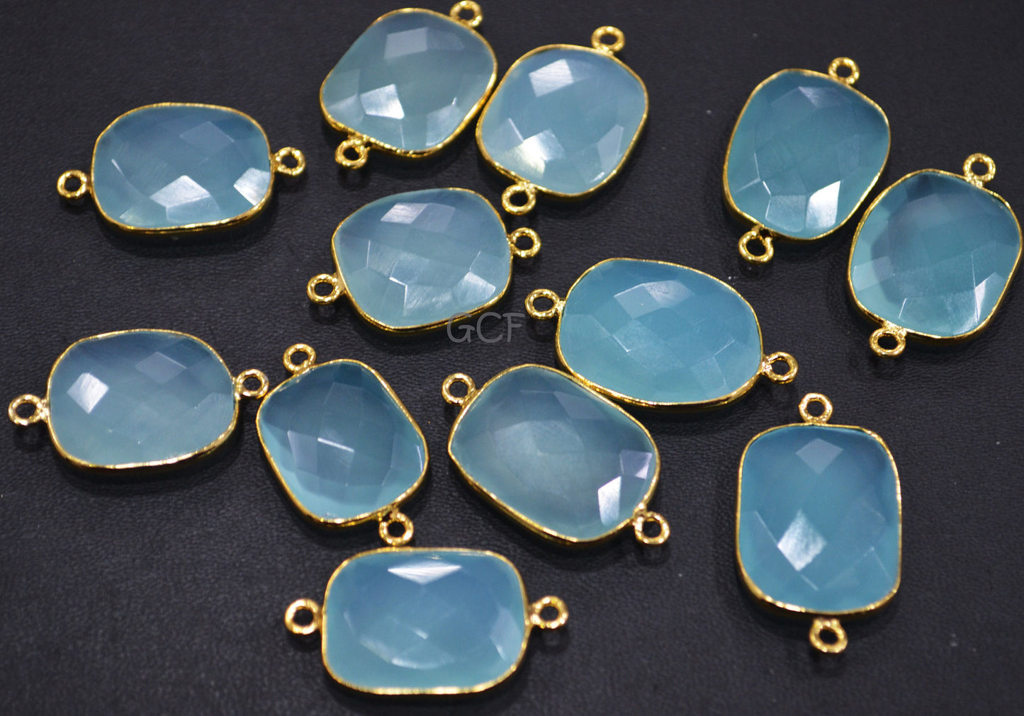 Aqua Chalcedony Faceted Slice Shape Double Bail Connector , Aqua Chalcedony Free Form Connector , Sold By Piece , 19x21 - 17x23 mm , RB-6755