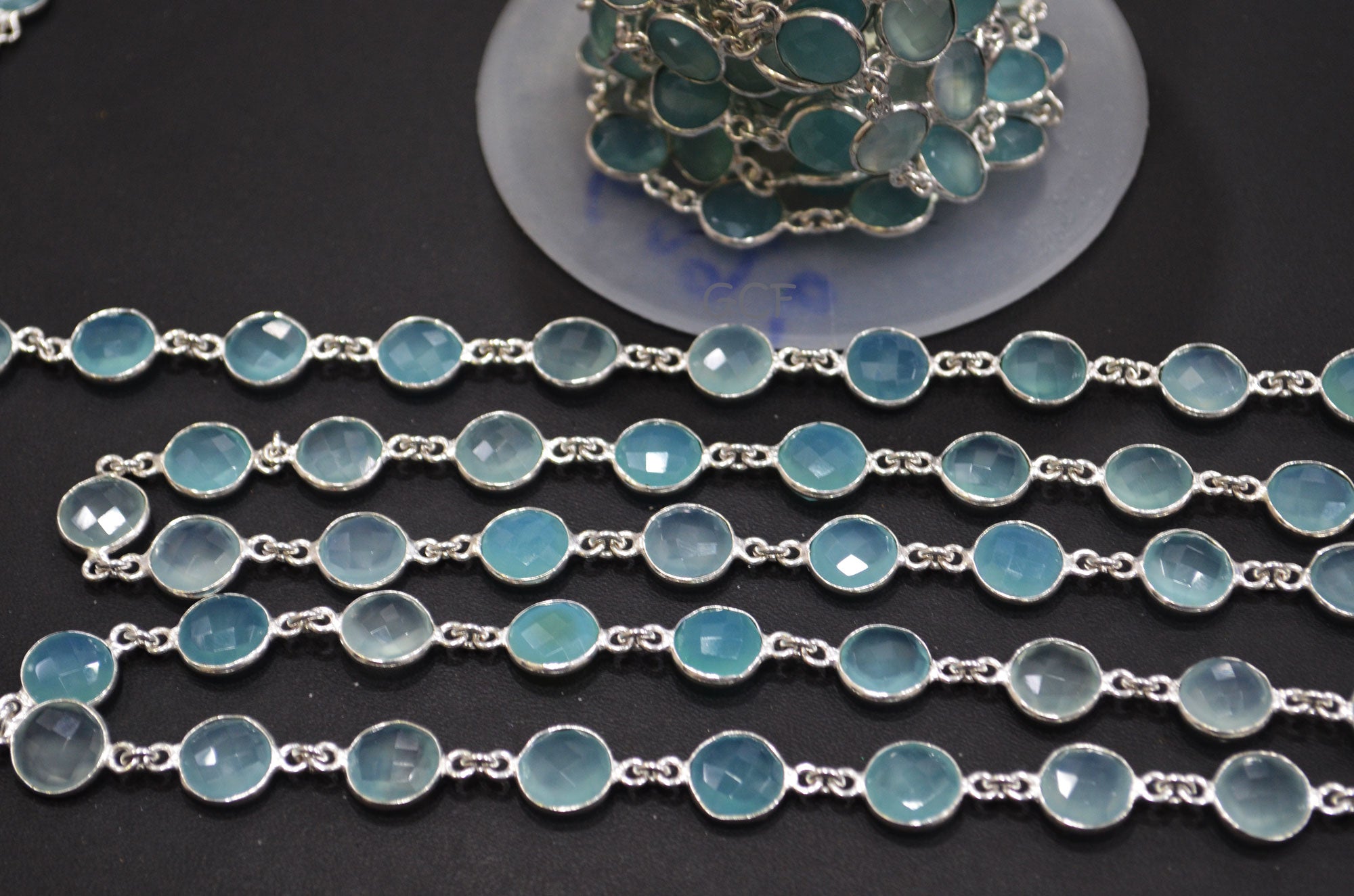 Aqua Chalcedony Faceted Coin Shape Connector Chain , Aqua Chalcedony Coin Bezel Link Chain , 12 mm , 6756
