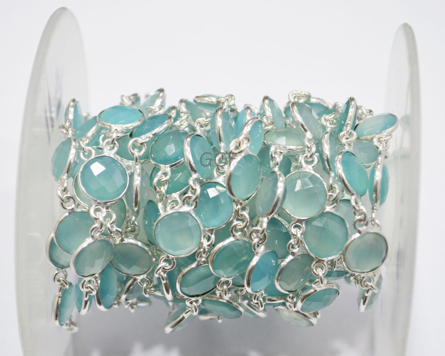 Aqua Chalcedony Faceted Coin Shape Connector Chain , Aqua Chalcedony Coin Bezel Link Chain , 12 mm , 6756
