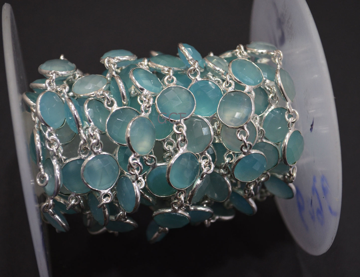 Aqua Chalcedony Faceted Coin Shape Connector Chain , Aqua Chalcedony Coin Bezel Link Chain , 12 mm , 6756