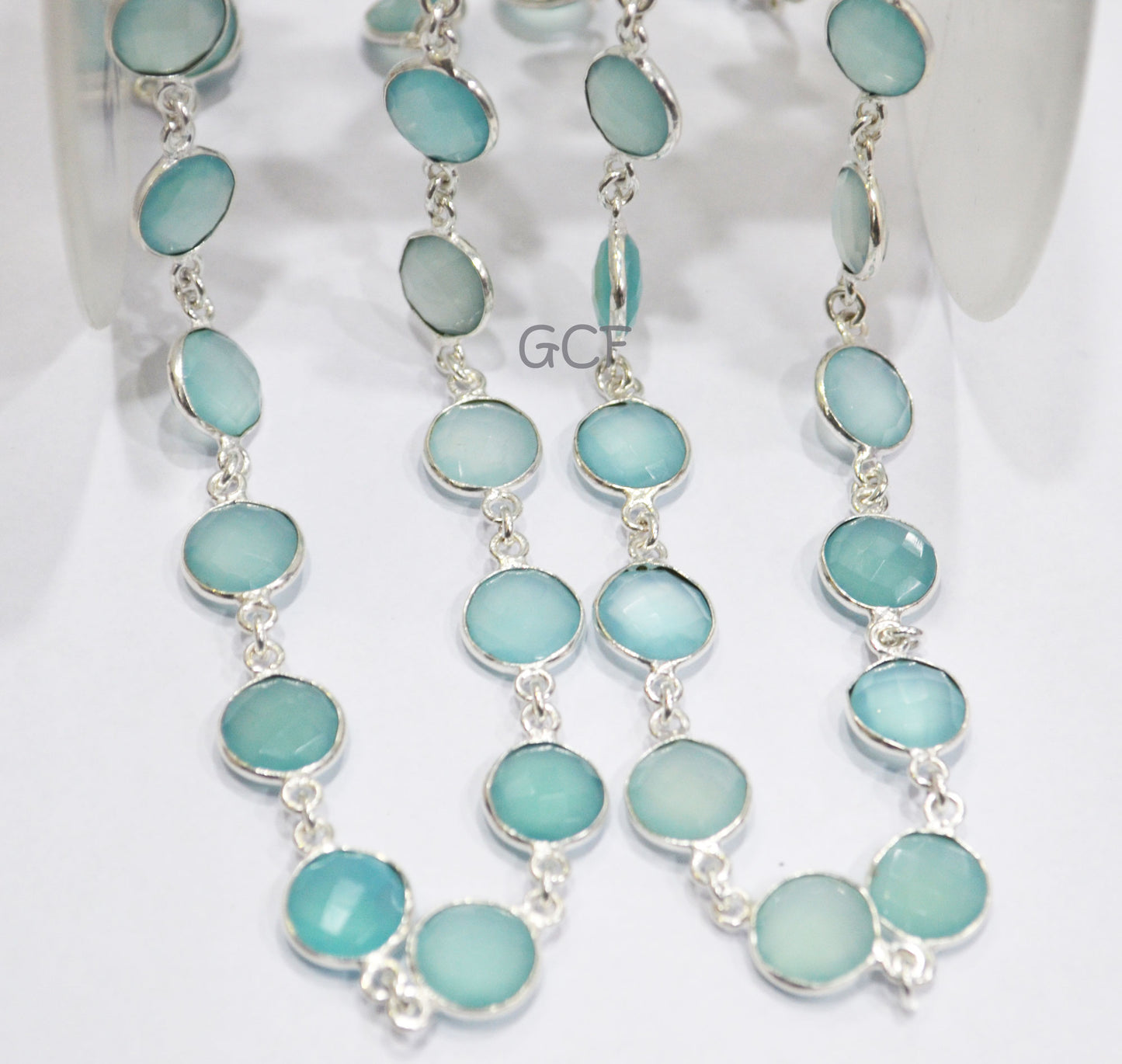 Aqua Chalcedony Faceted Coin Shape Connector Chain , Aqua Chalcedony Coin Bezel Link Chain , 12 mm , 6756