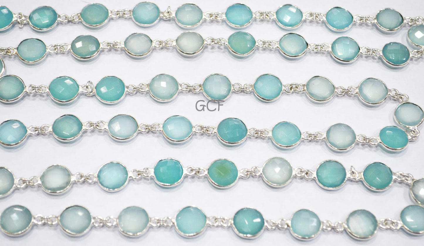 Aqua Chalcedony Faceted Coin Shape Connector Chain , Aqua Chalcedony Coin Bezel Link Chain , 12 mm , 6756