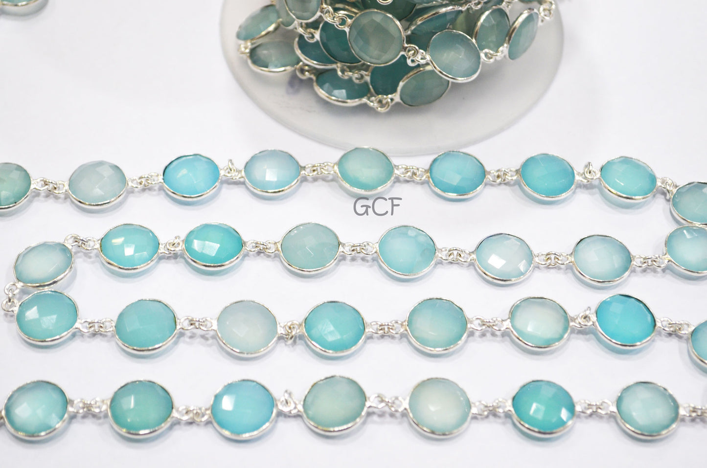 Aqua Chalcedony Faceted Coin Shape Connector Chain , Aqua Chalcedony Coin Bezel Link Chain , 14 mm , 6757