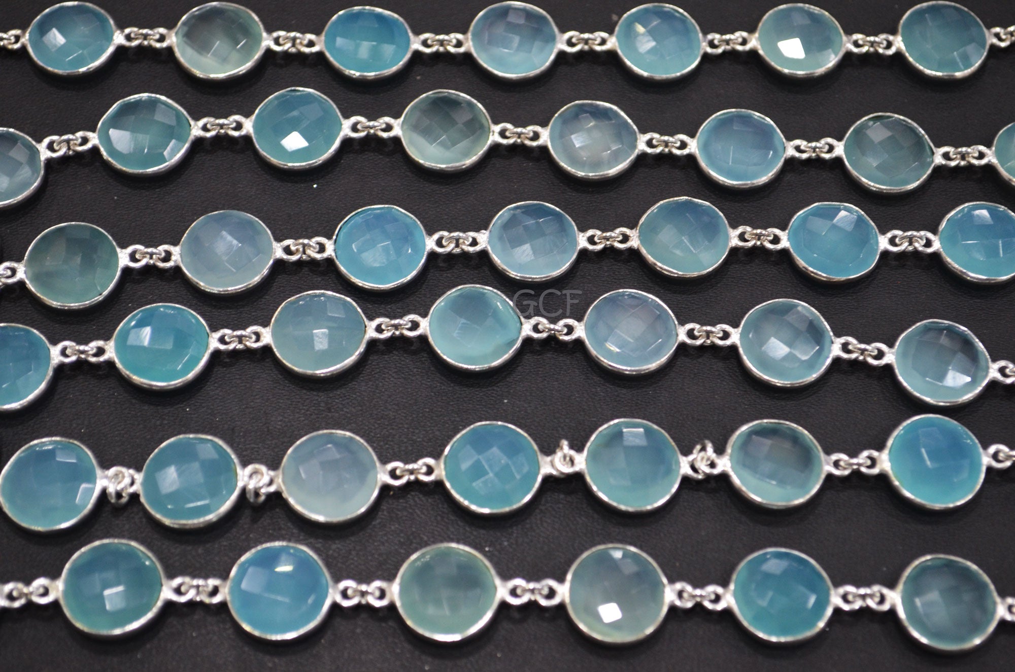 Aqua Chalcedony Faceted Coin Shape Connector Chain , Aqua Chalcedony Coin Bezel Link Chain , 14 mm , 6757
