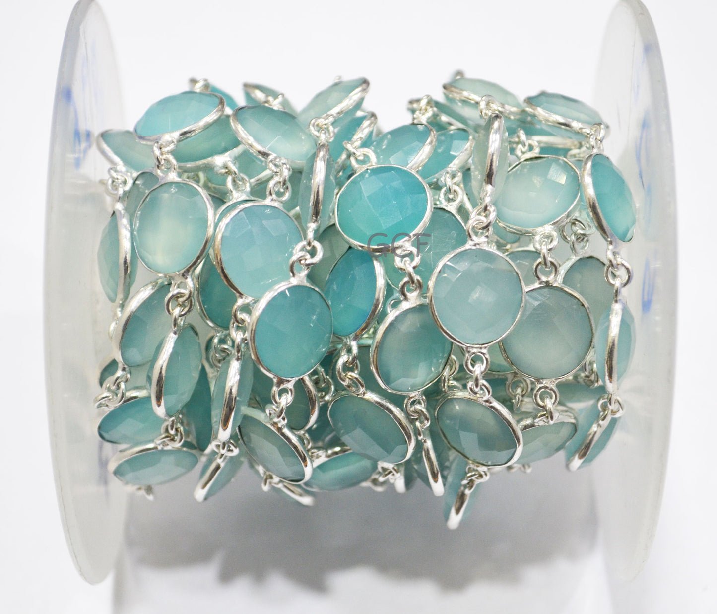 Aqua Chalcedony Faceted Coin Shape Connector Chain , Aqua Chalcedony Coin Bezel Link Chain , 14 mm , 6757