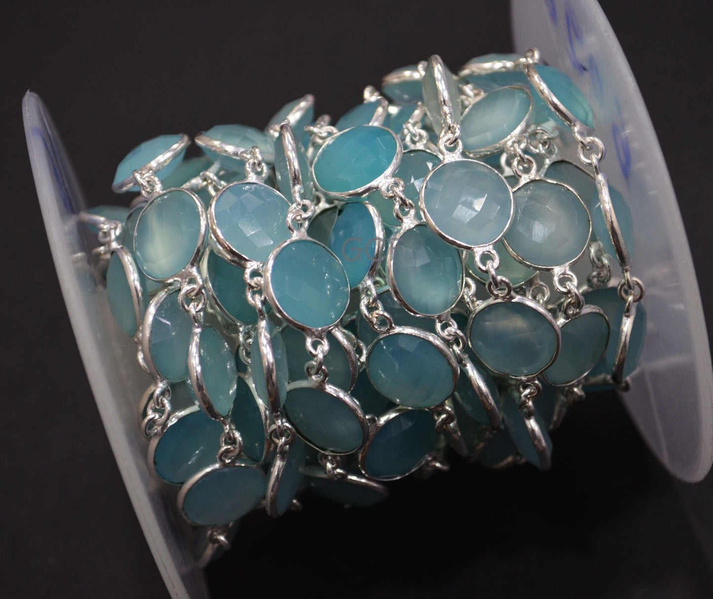 Aqua Chalcedony Faceted Coin Shape Connector Chain , Aqua Chalcedony Coin Bezel Link Chain , 14 mm , 6757