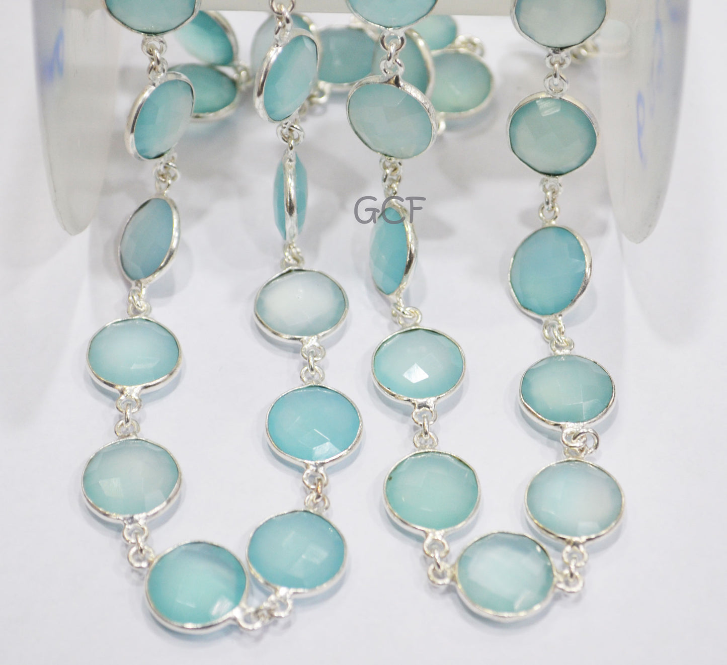 Aqua Chalcedony Faceted Coin Shape Connector Chain , Aqua Chalcedony Coin Bezel Link Chain , 14 mm , 6757